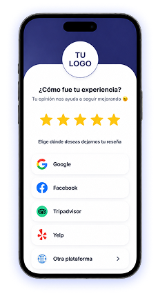 Página de reseña de Resenly en el móvil, con la valoración de cinco estrellas y los enlaces a Google, Facebook, Tripadvisor y Yelp